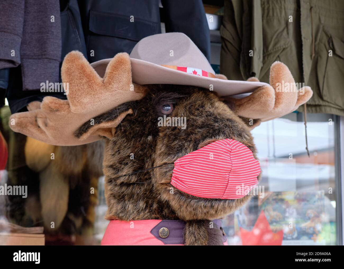 Exposition d'un orignal en peluche canadien devant le magasin, muni d'un masque facial pendant la pandémie Banque D'Images