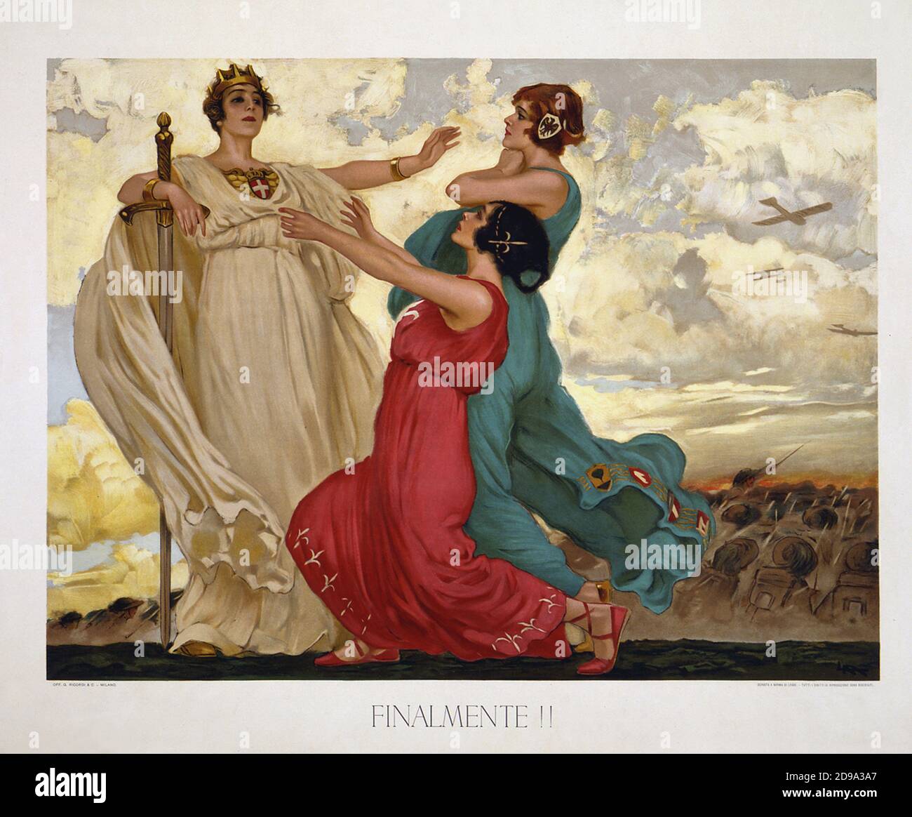 1918 , ITALIE : propagande affiche italienne anti Allemagne . Affiche  montre une femme dans une robe rouge ( Trieste ) et une femme dans une robe  verte ( Trento ) s'agenouillant