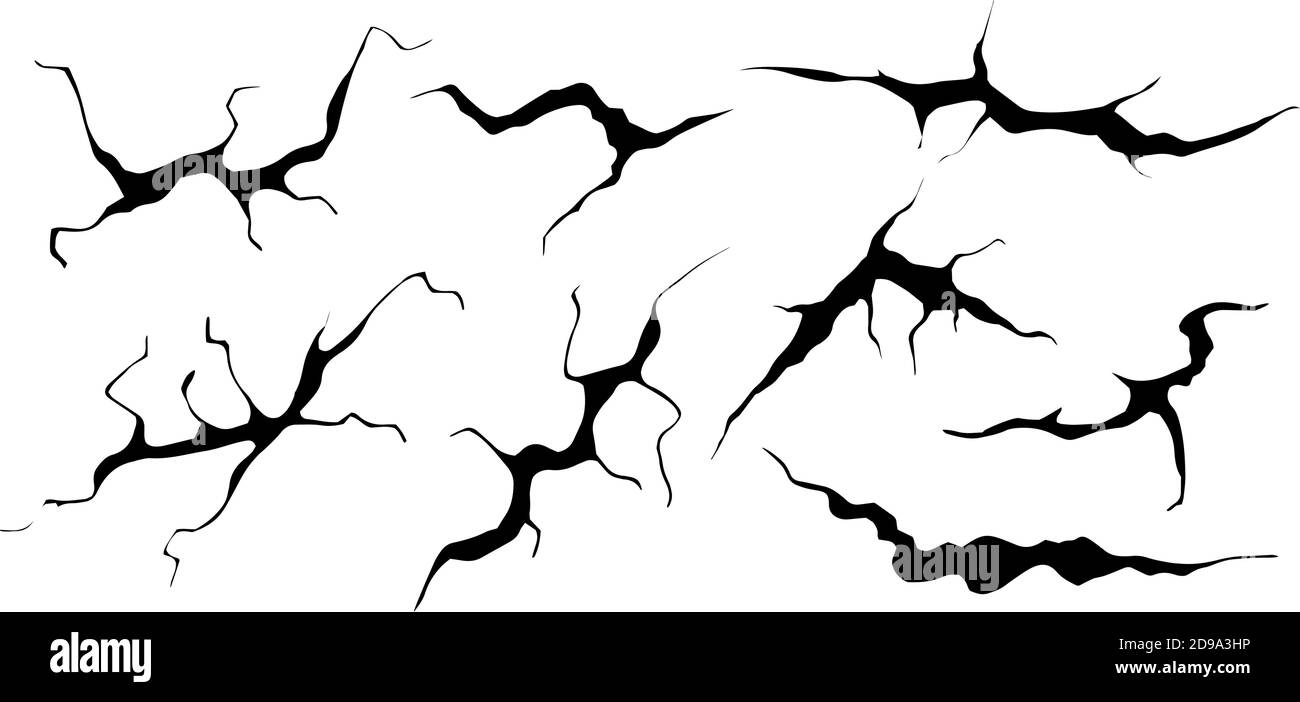 Jeu de fissures de masse. Tremblement de terre et fissures de terre, effet de trou, craquelure et texture de mur endommagée. Illustrations vectorielles tremblement de terre, accident, destruction Illustration de Vecteur