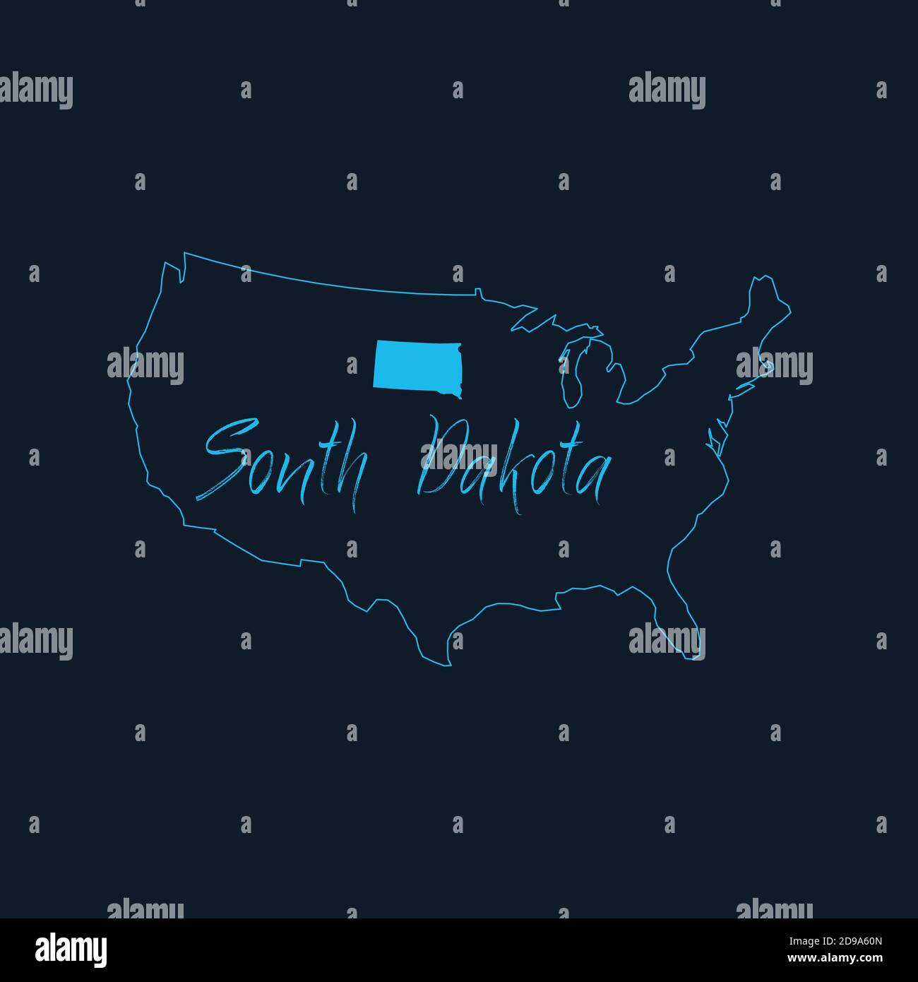 Etat du Dakota du Sud mis en évidence sur la carte des Etats-Unis d'Amérique , modèle infographique des Etats-Unis. Illustration du vecteur de stock isolée sur fond bleu. Illustration de Vecteur