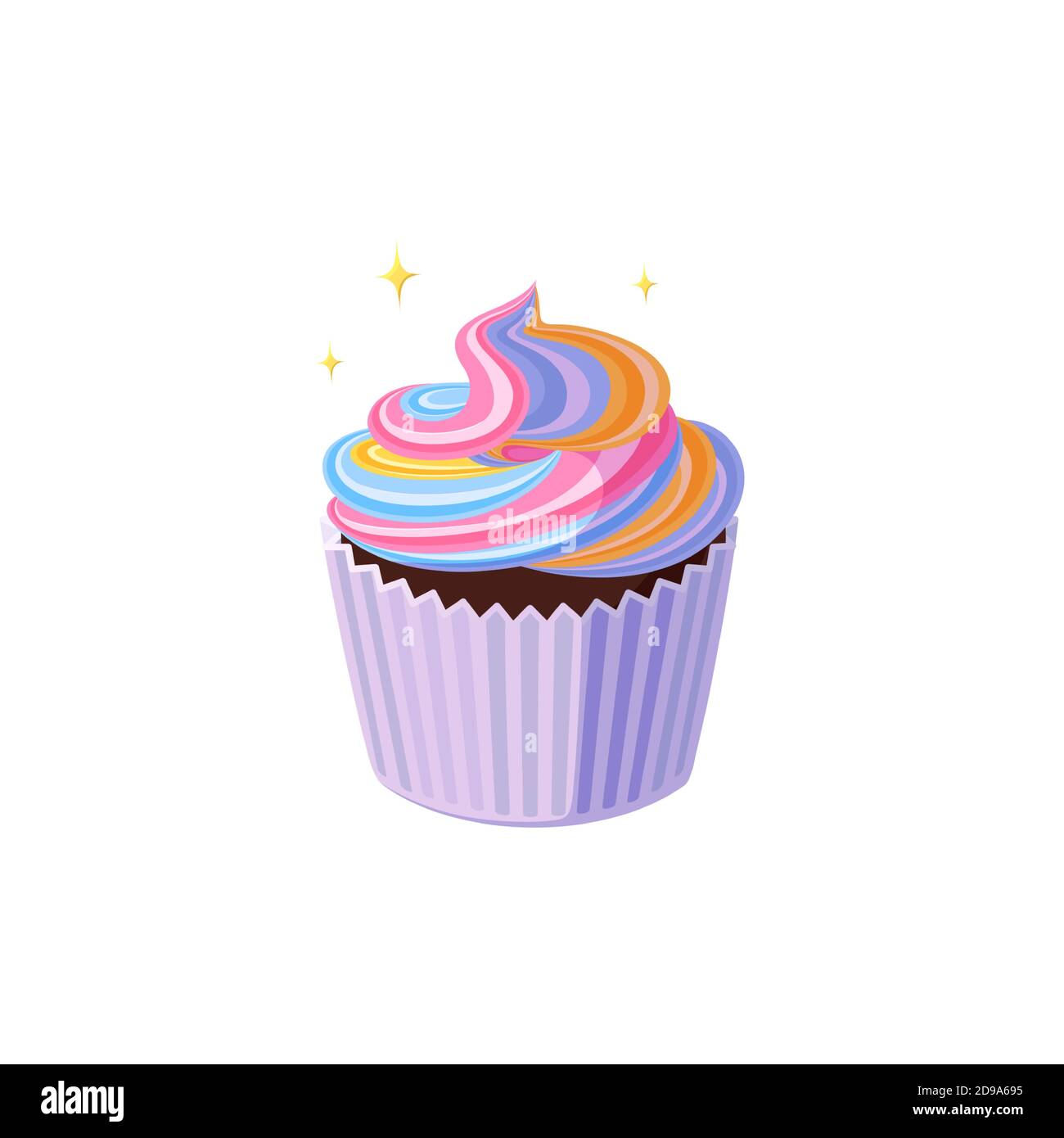 Cupcake à la crème tournoyée. Délicieux dessert d'anniversaire avec glaçage arc-en-ciel rose, jaune et bleu. Illustration vectorielle dans un joli style de dessin animé Illustration de Vecteur