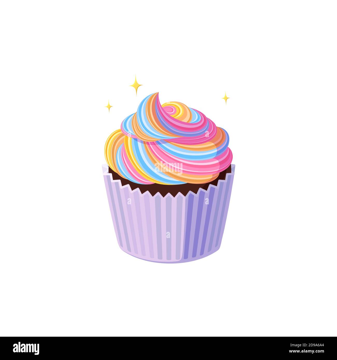 Petits gâteaux avec glaçage arc-en-ciel tournoyé. Muffin savoureux à la crème colorée. Illustration vectorielle dans un joli style de dessin animé Illustration de Vecteur