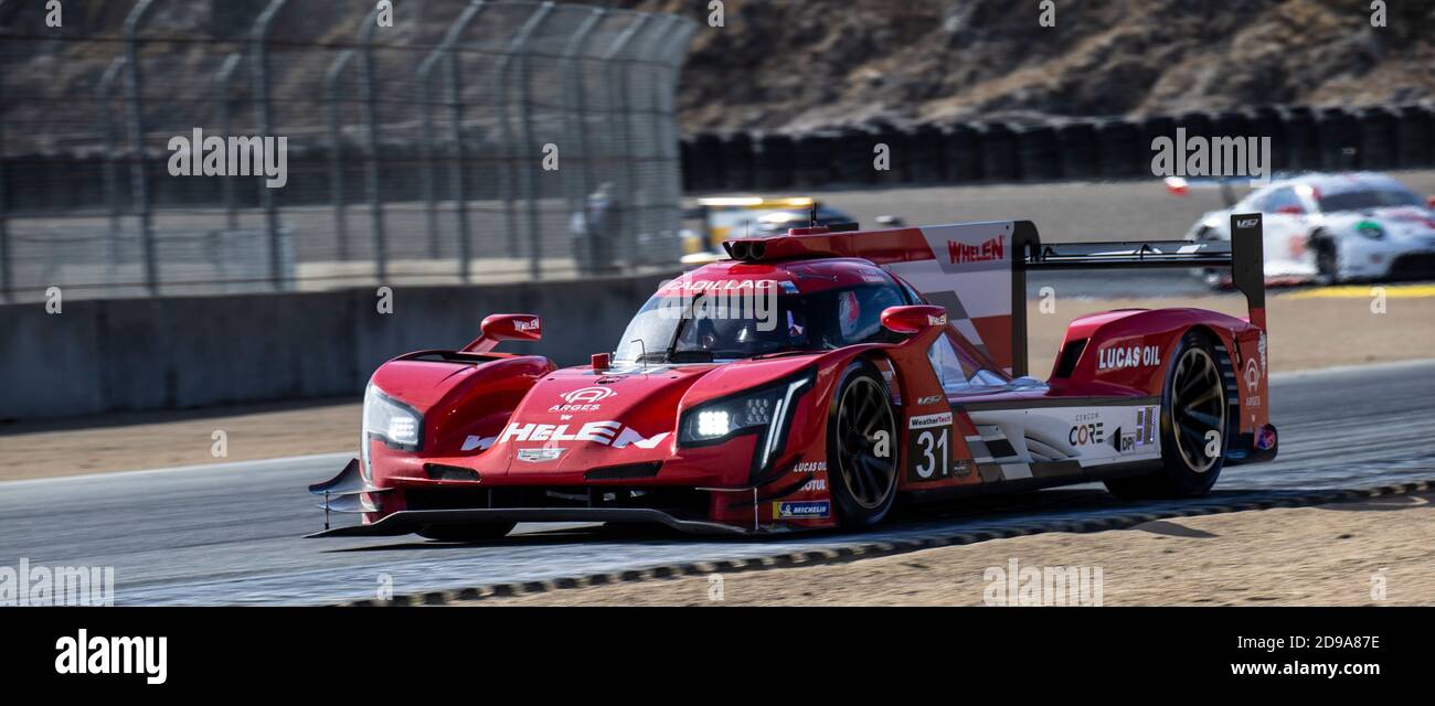 Nov 01 2020 Monterey, CA, États-Unis Whelen Engineering Racing # 31 pilotes F. Nasr/P. Derani sort du virage 3 lors du Championnat Hyundai Monterey Sports car à WeatherTech Laguna Seca Monterey, CA Thurman James/CSM Banque D'Images
