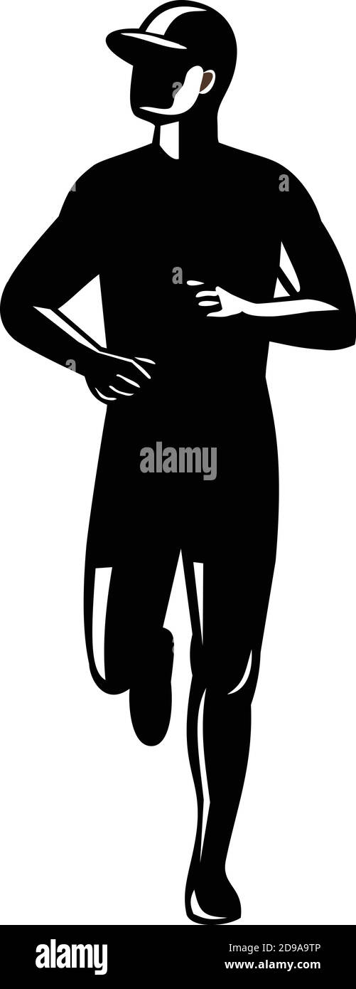 Illustration en noir et blanc de style rétro d'une silhouette de coureur de marathon de campagne, vue de face sur un arrière-plan blanc isolé. Illustration de Vecteur