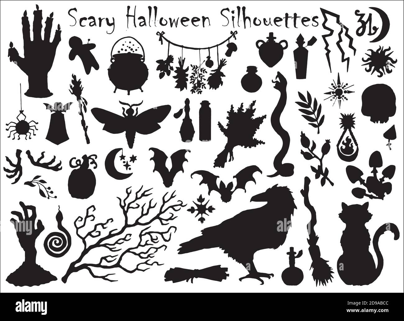 Ensemble Halloween avec silhouettes effrayantes traditionnelles de corbeau, citrouille, chat et autres. Illustration vectorielle dessinée à la main Illustration de Vecteur