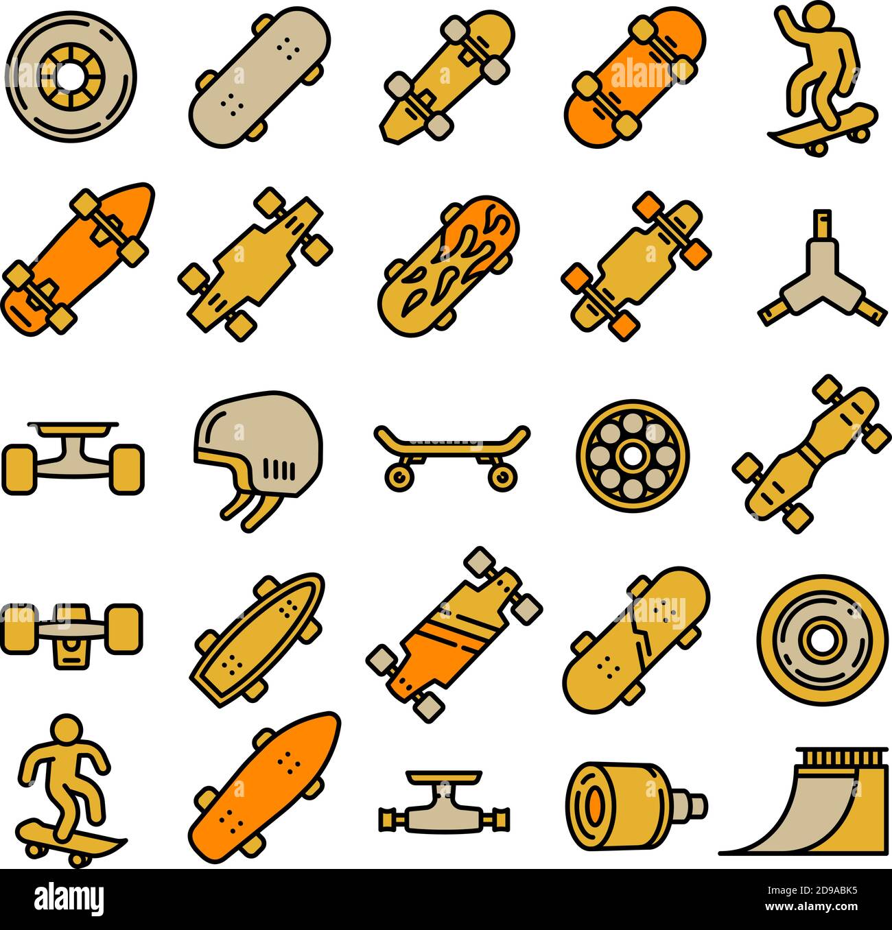 Jeu d'icônes de skateboard. Ensemble de contours d'icônes vectorielles de planche à roulettes pour la conception de sites Web isolée sur fond blanc Illustration de Vecteur