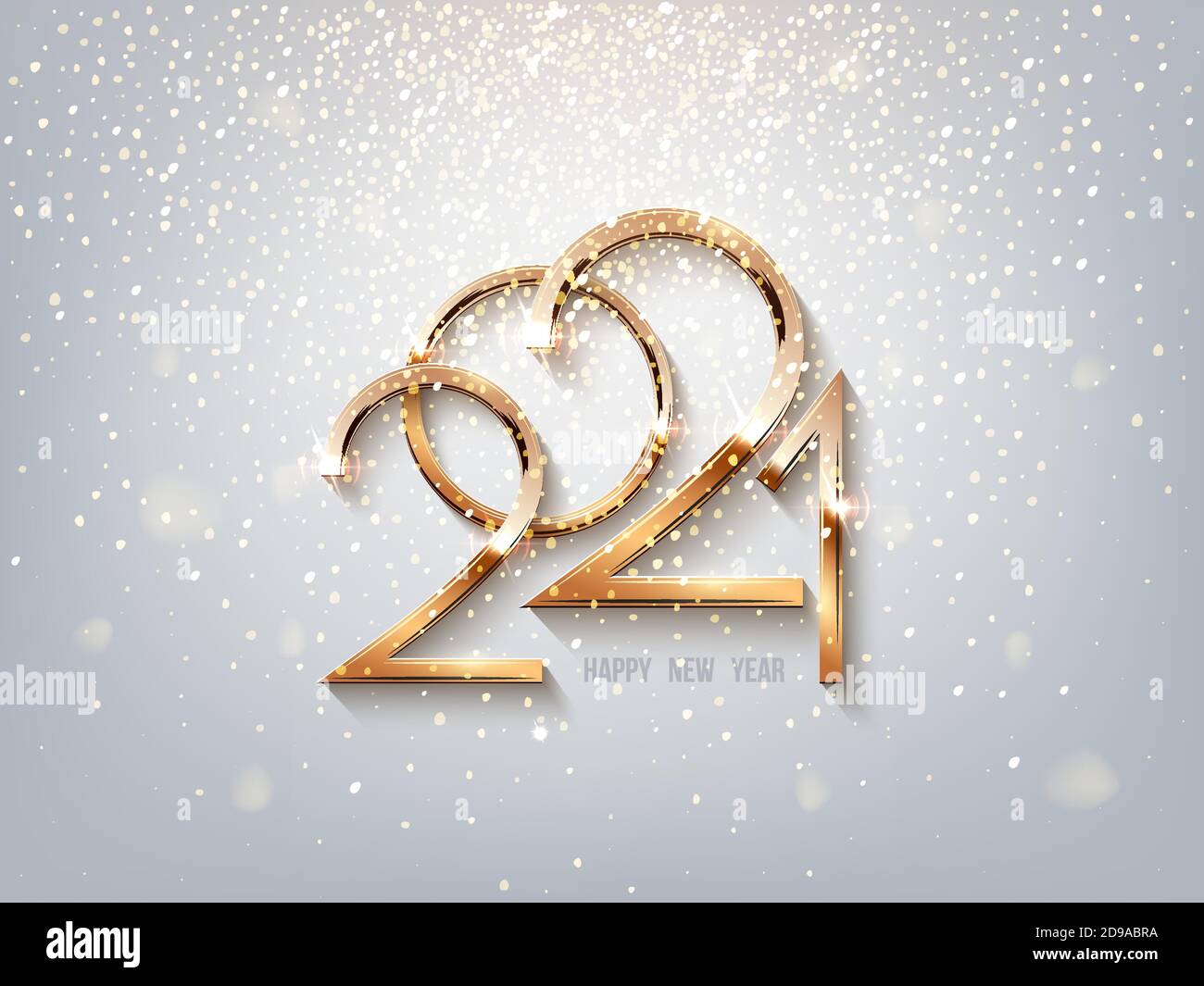 Numéros dorés lumineux de 2021 ans sur fond clair et étincelant. Fêtes d'hiver joyeux Noël décoration. Illustration du nouvel an Vector. Illustration de Vecteur