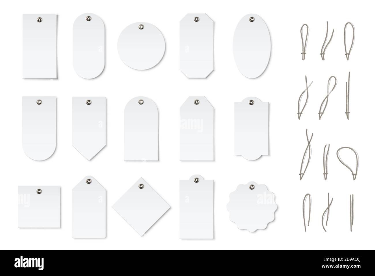 Ensemble de modèles de maquette d'étiquettes de prix ou d'étiquettes. Cartes vierges et cordes pour cadeaux ou ventes avec différentes formes: Rond, rectangle, carré. Autocollants vides Illustration de Vecteur