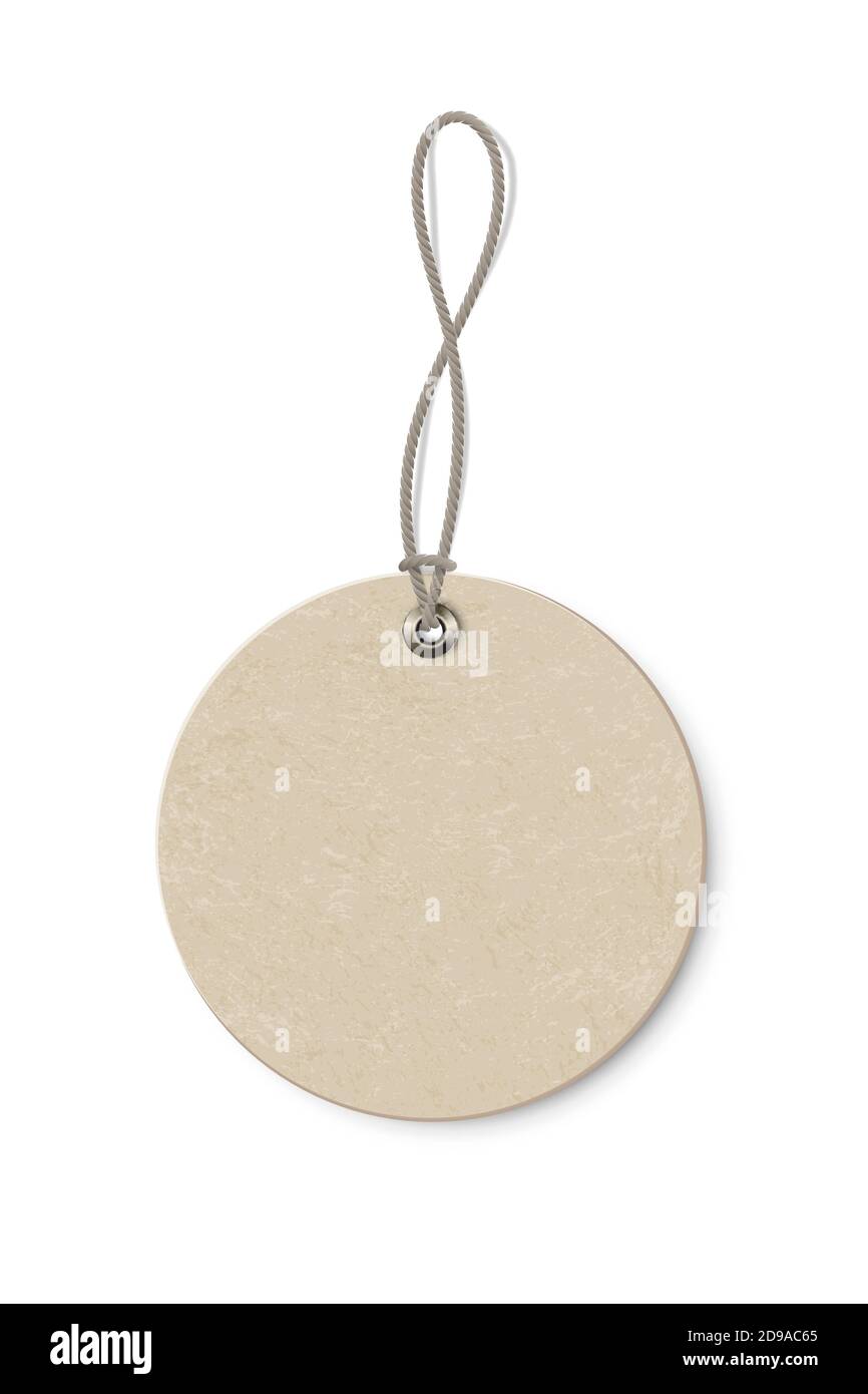 Étiquette de prix en papier rond beige vierge isolée sur fond transparent. Entourez l'étiquette de forme avec des cordes. Autocollant de style vide en carton à vendre ou à offrir Illustration de Vecteur