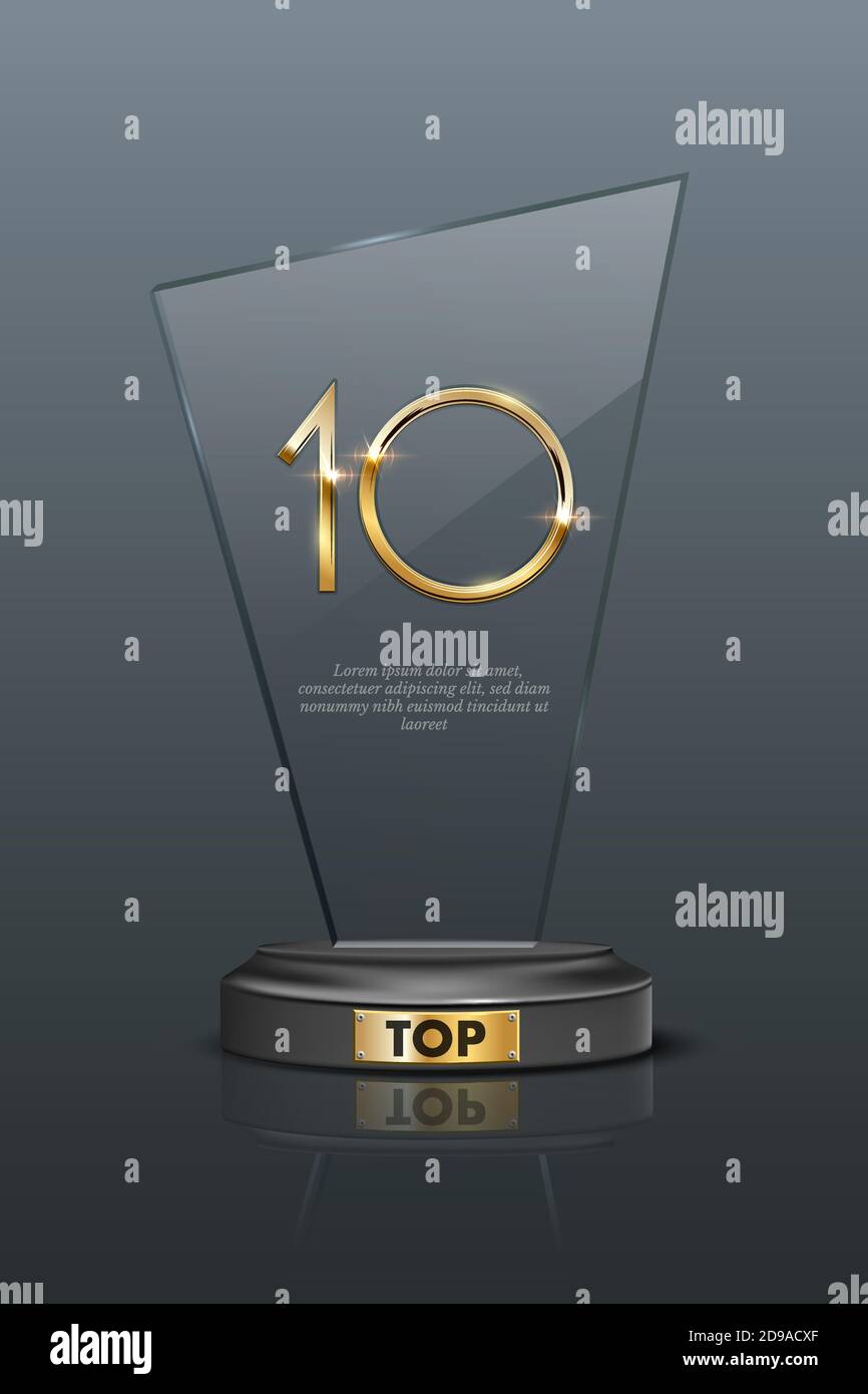 Trophée des 10 meilleurs prix. Prix du verre portant le numéro d'or 10. Champion Glory in Competition Vector illustration. La renommée d'Hollywood dans le cinéma et le cinéma ou Illustration de Vecteur