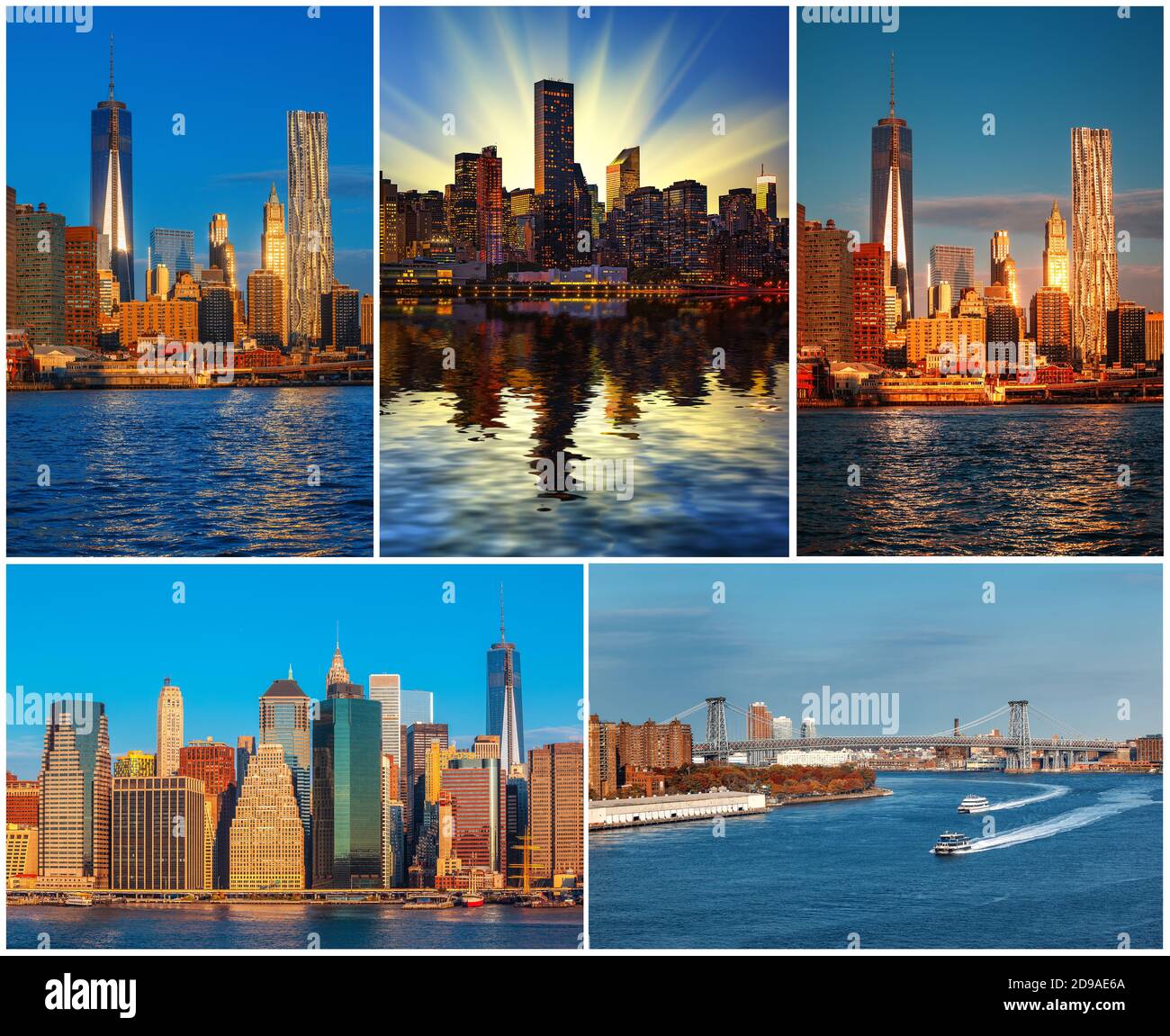 Manhattan. Horizon de New York avec lumières solaires et reflet de l'eau. Ensemble de 5 images Banque D'Images