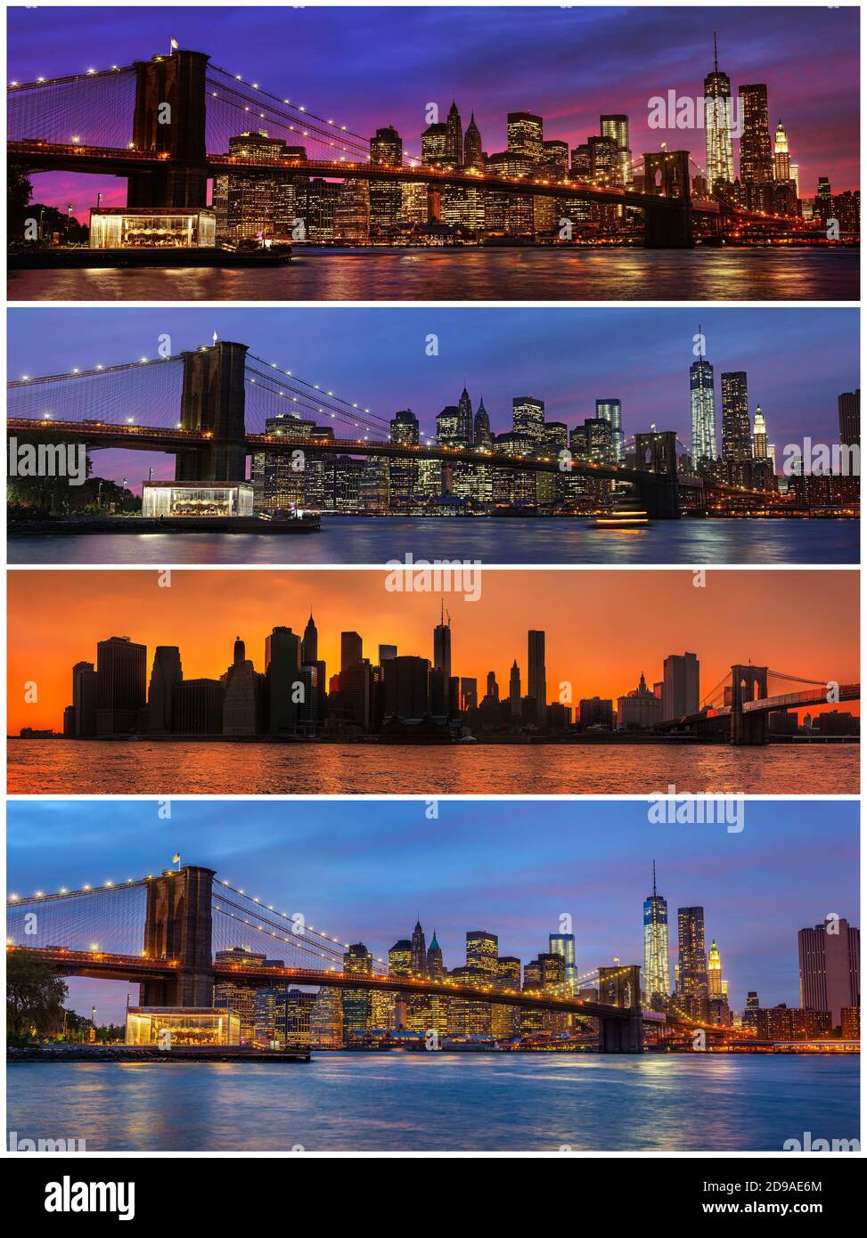 Pont de Brooklyn, East River et Manhattan avec lumières et réflexions. New York. Ensemble de 4 images Banque D'Images