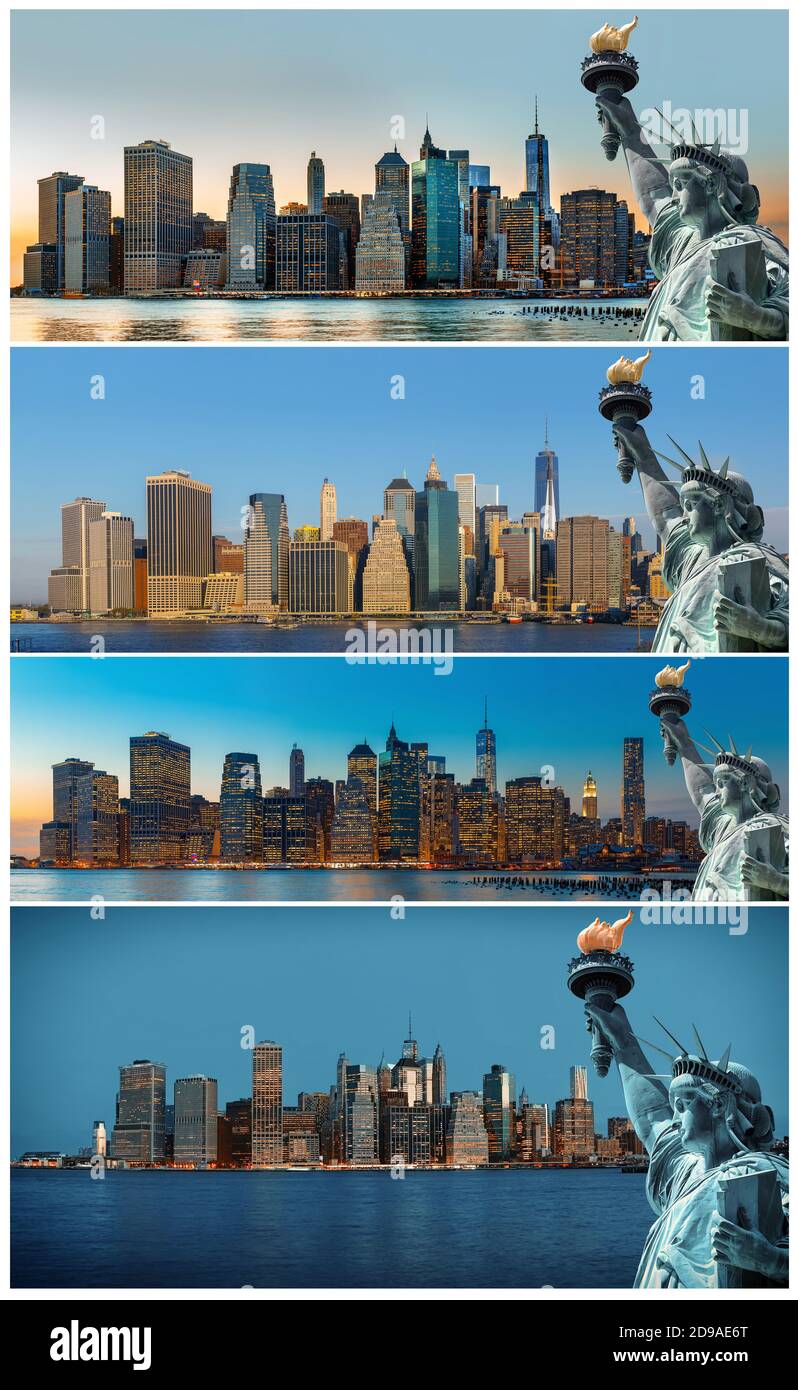 Symboles de New York. Manhattan Skyline et la Statue de la liberté, New York. Ensemble de 4 images Banque D'Images