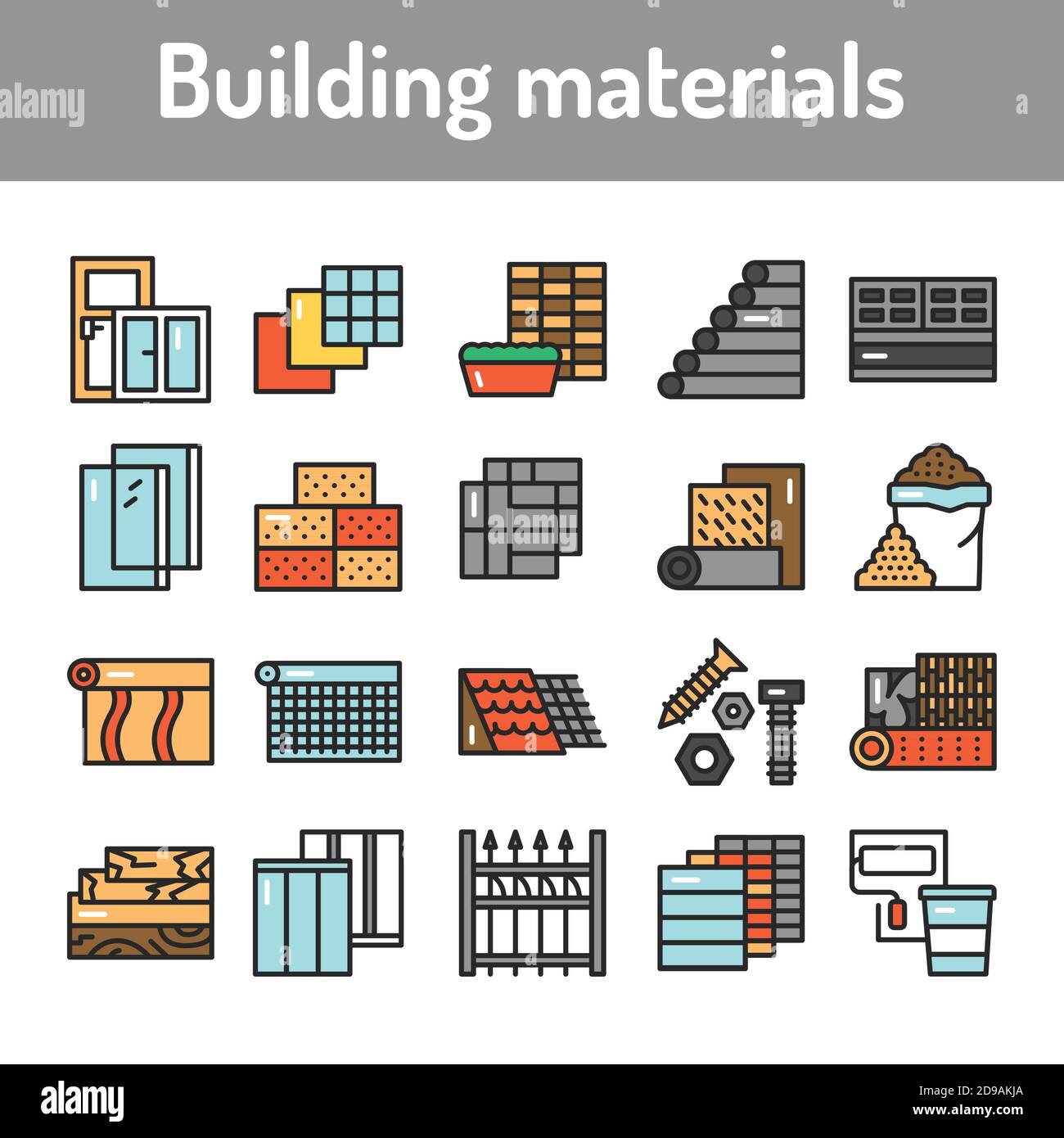 Jeu d'icônes de lignes de couleurs de matériaux de construction. Pictogrammes pour la page Web Illustration de Vecteur