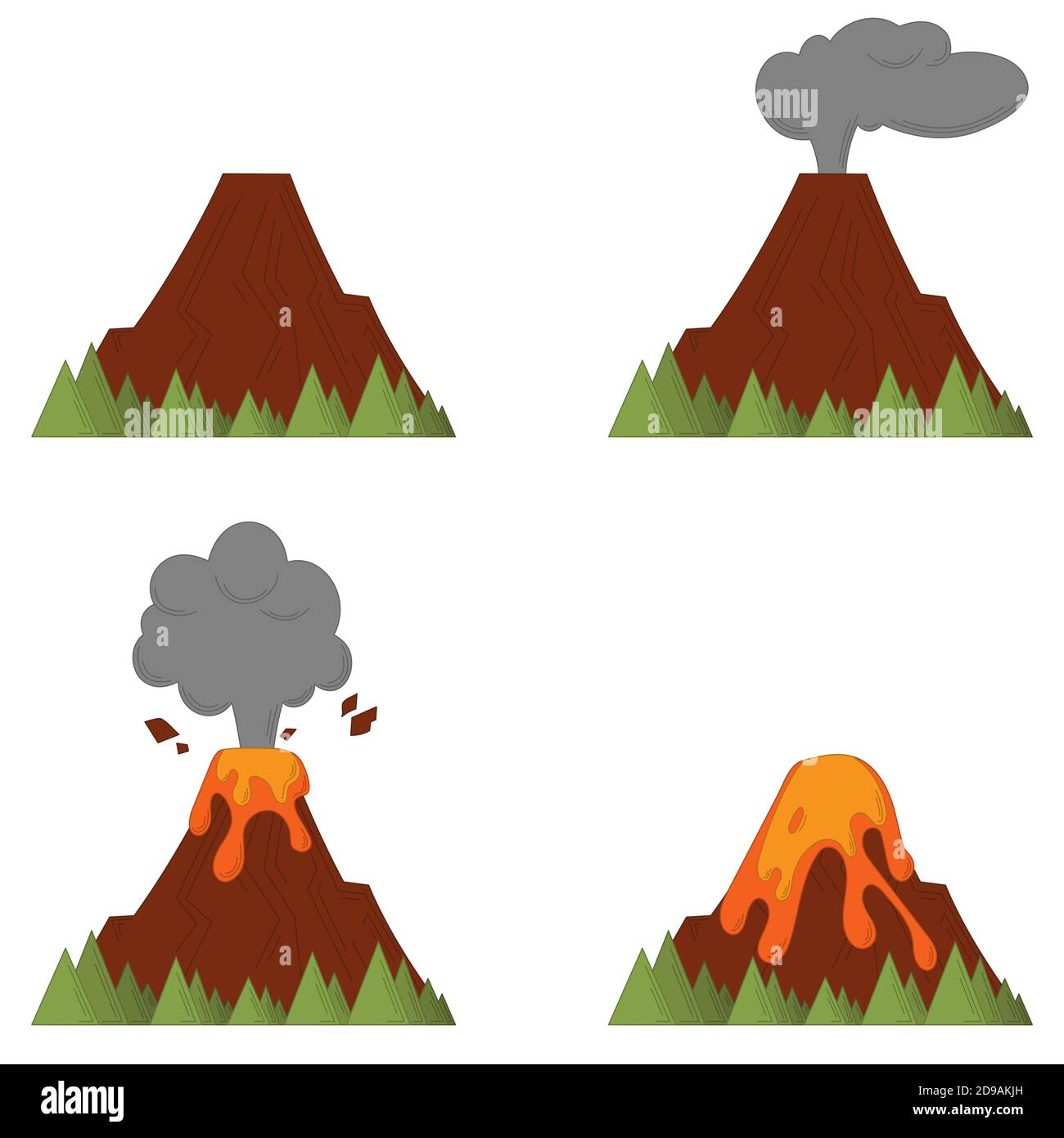 Processus d'éruption volcanique. Désastre dans le style de dessin animé linéaire. Illustration de Vecteur