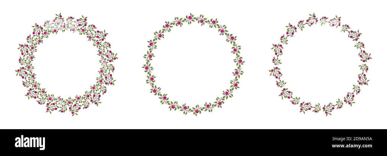 Ensemble de couronnes fleuries, branches avec feuilles et fleurs magenta vif sur blanc. Illustration vectorielle, design pour affiche, bannière, invitation, livre, tissu de mode, emballage. Illustration de Vecteur