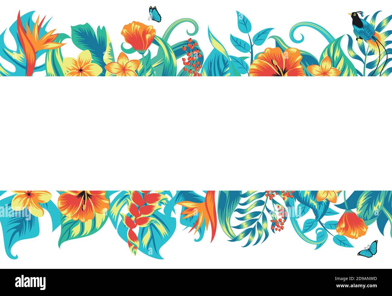 Bannière avec des feuilles tropicales, des fleurs et un oiseau. Illustration de Vecteur