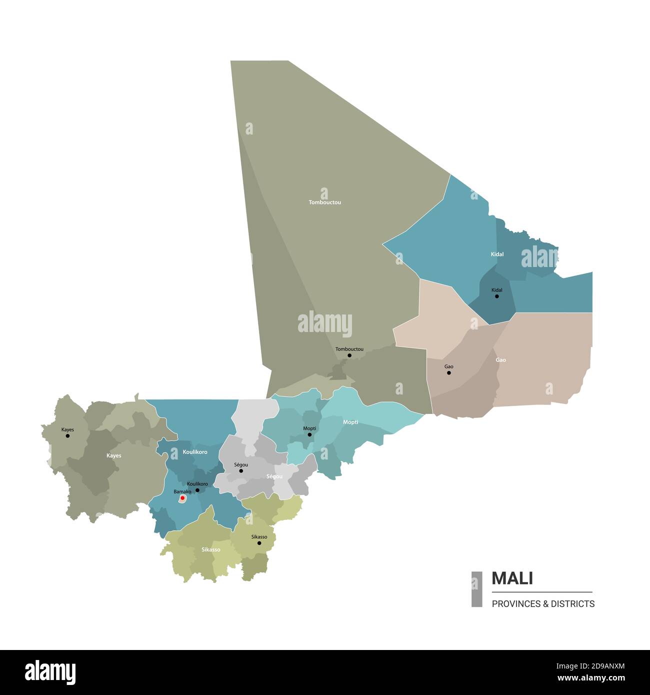 Mali higt carte détaillée avec subdivisions. Carte administrative du Mali avec le nom des districts et des villes, colorée par les États et les districts administratifs. Illustration de Vecteur