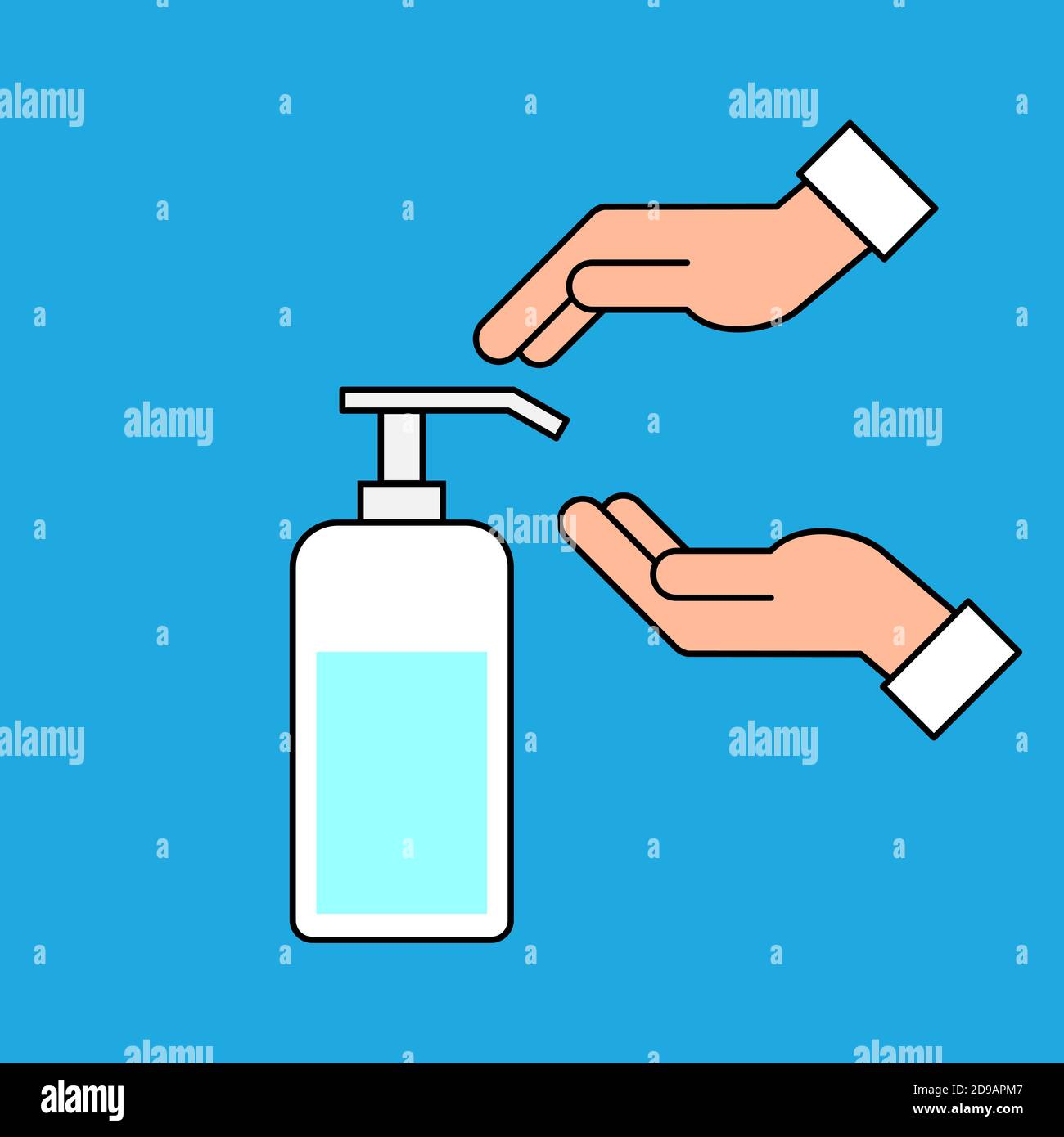 Panneau ou symbole de désinfection des mains. Mains utilisant la pompe à flacon de désinfectant. Concept de lavage des mains. Savon liquide. Icône de couleur sur fond bleu. Vecteur Illustration de Vecteur