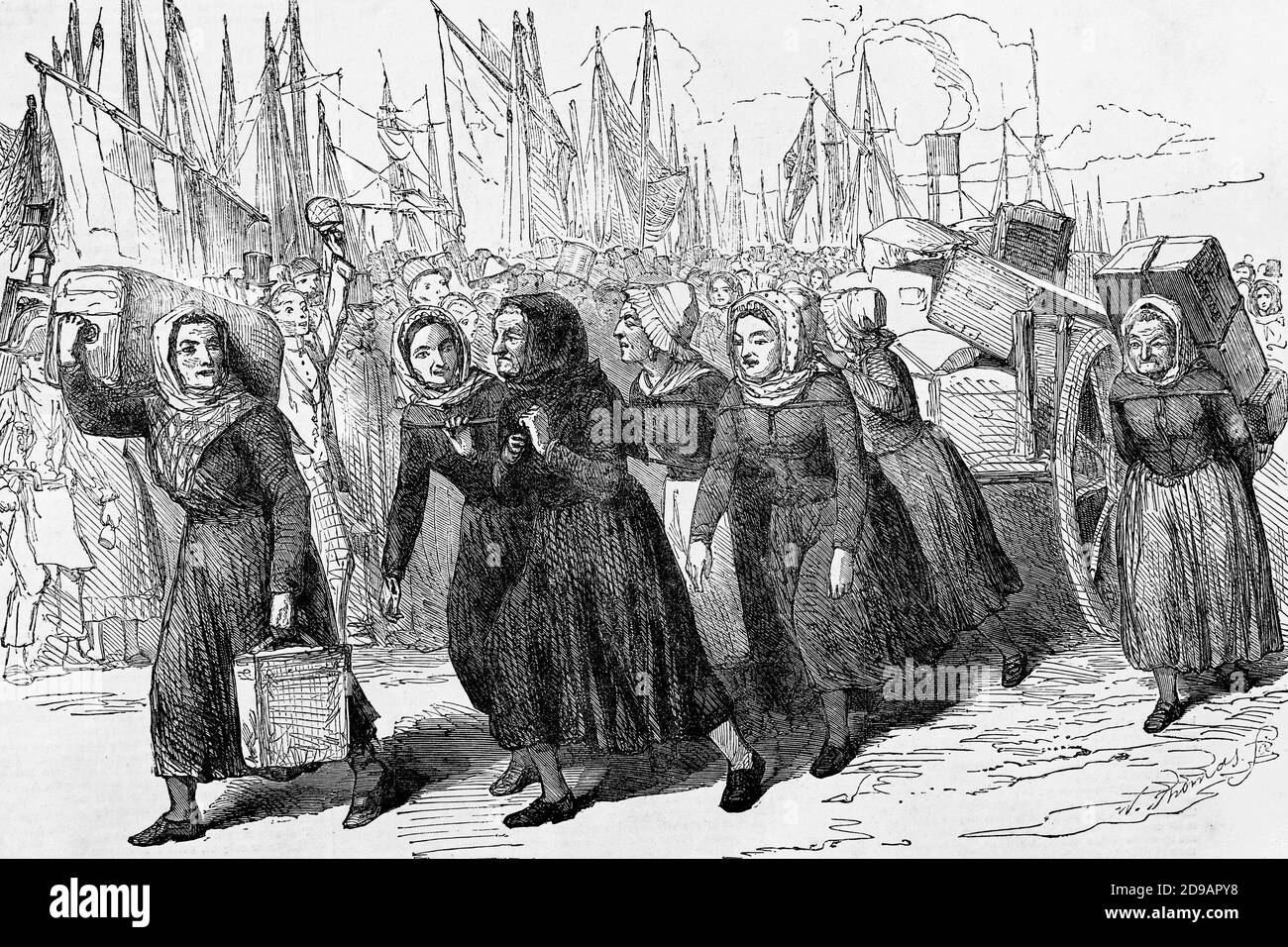 Boulogne, France. Fishwomen transportant les bagages des infirmières attachées au personnel de Miss Nightingale. Illustration ancienne. 1867. Banque D'Images