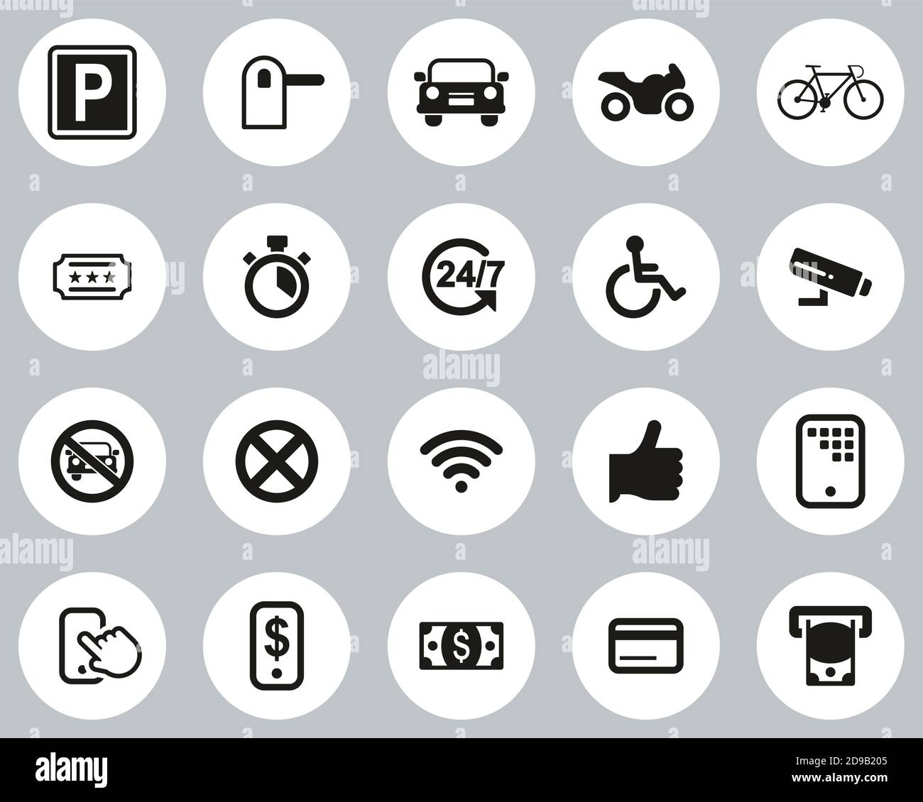 Le parking ou le parking Icons Black & White Flat Design Ensemble de cercles grand Illustration de Vecteur