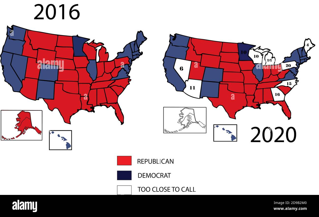 2020 carte électorale générale des 50 États-Unis en couleur rouge républicain, bleu démocrate pour l'élection présidentielle générale. Banque D'Images