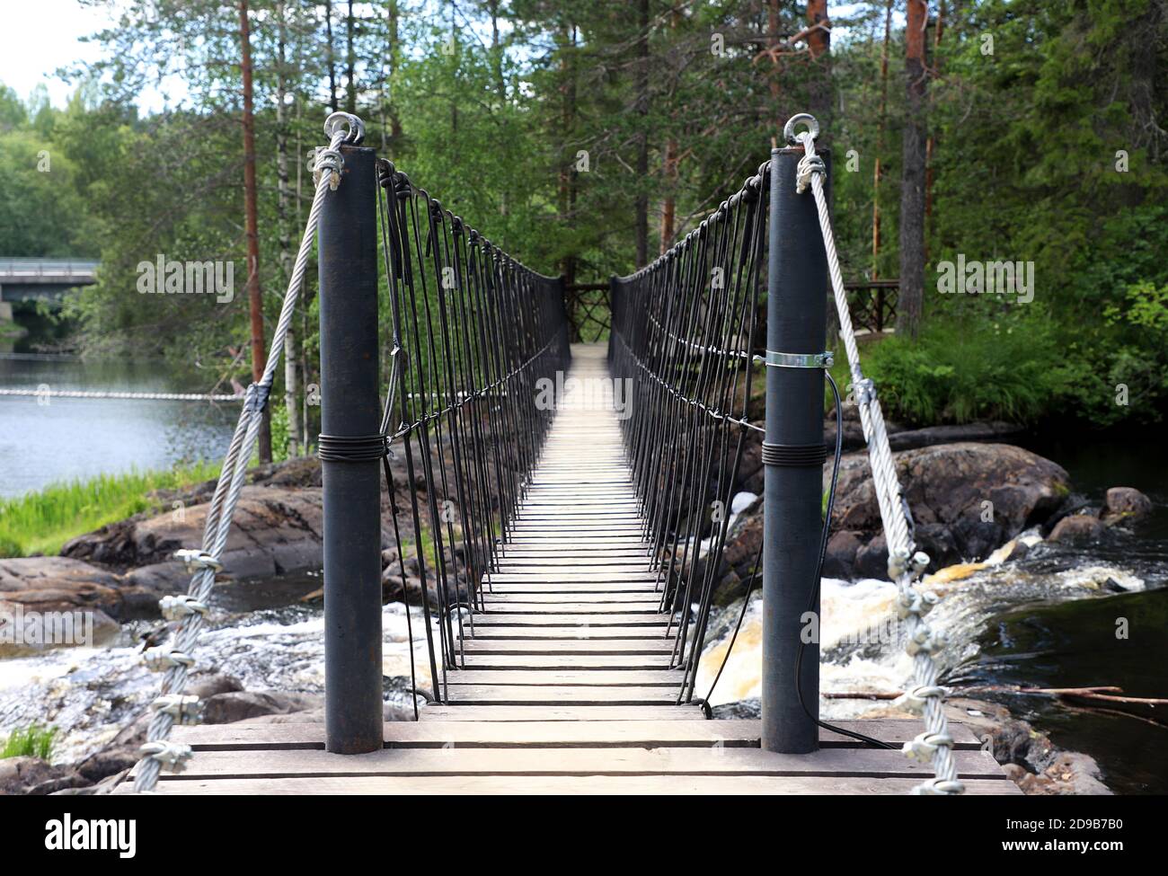 Pont de corde au-dessus d'une cascade dans une forêt, vue en perspective. Banque D'Images