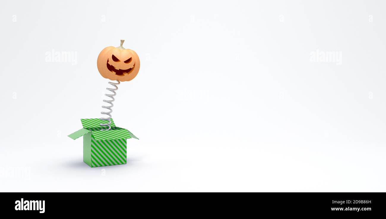 La citrouille d'Halloween sort de la boîte isolée sur blanc rendu 3d illustration 3d Banque D'Images