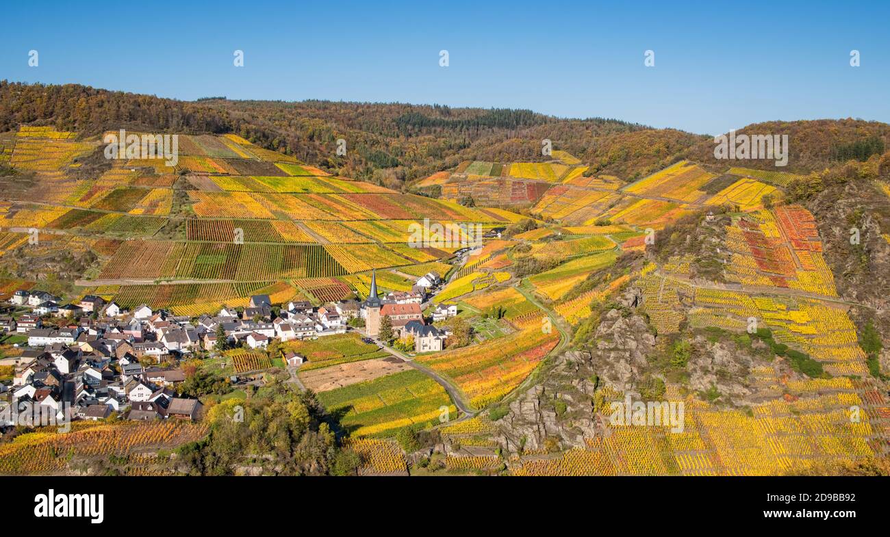 Village viticole de Mayschoss avec des vignobles de couleur automnale sur les pentes mitoyennes exposées sud en automne, vallée de l'Ahr, Eifel, Rhénanie-Palatinat, Allemagne Banque D'Images