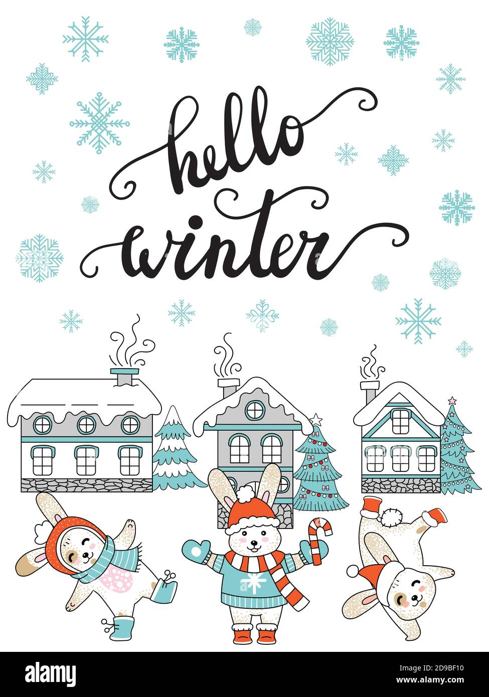 Vector Joyeux Noël félicitation lapins et maisons Illustration de Vecteur