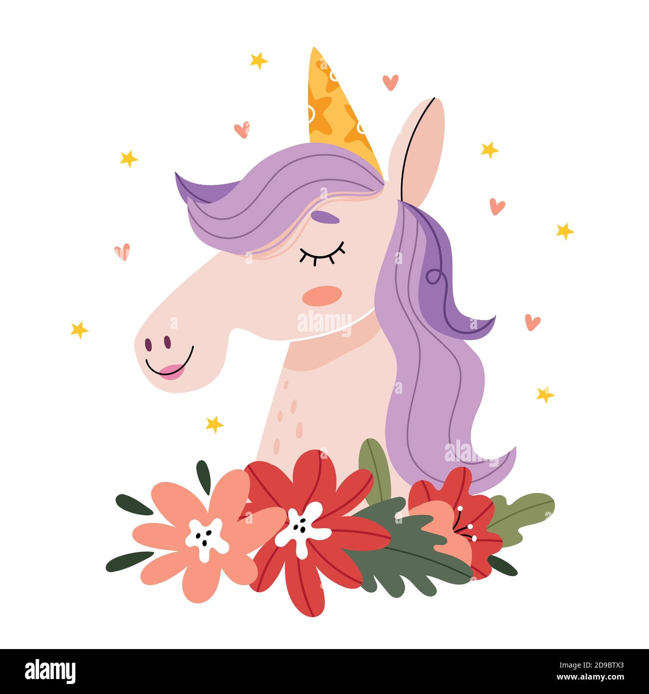 La licorne sourit autour des étoiles et des coeurs.Illustration pour le livre des enfants. Affiche mignonne.illustration simple. Illustration de Vecteur