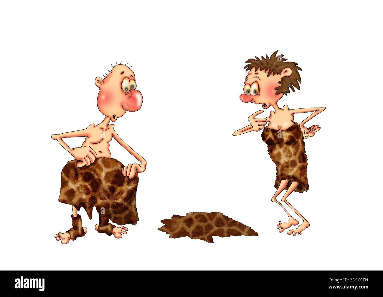 robe préhistorique homme et femme en vêtements faits de peaux d'animaux. Illustration sur fond blanc. Banque D'Images