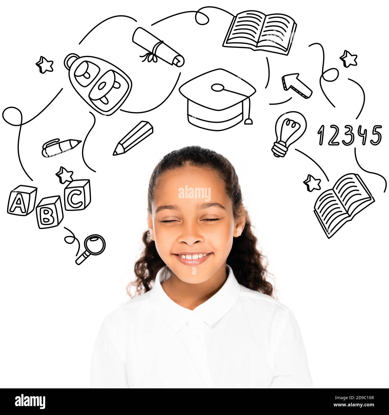 une écolière afro-américaine souriante aux yeux fermés, isolée sur des icônes blanches, illustration de l'éducation Banque D'Images