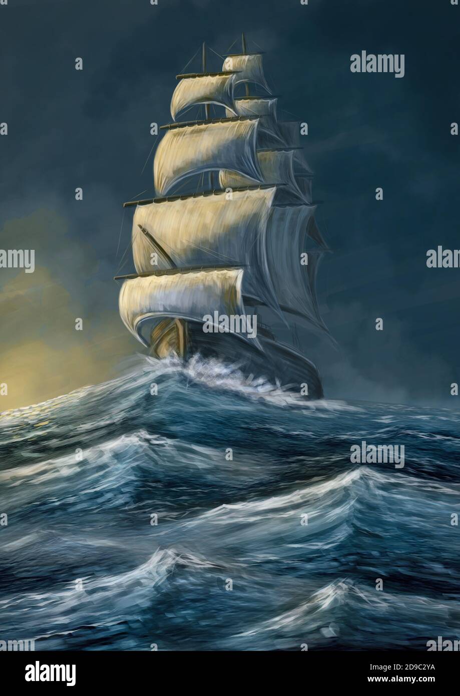 Voile vieux navire dans la mer de tempête. Galléon sous le ciel sombre. Illustration de peinture numérique. Banque D'Images