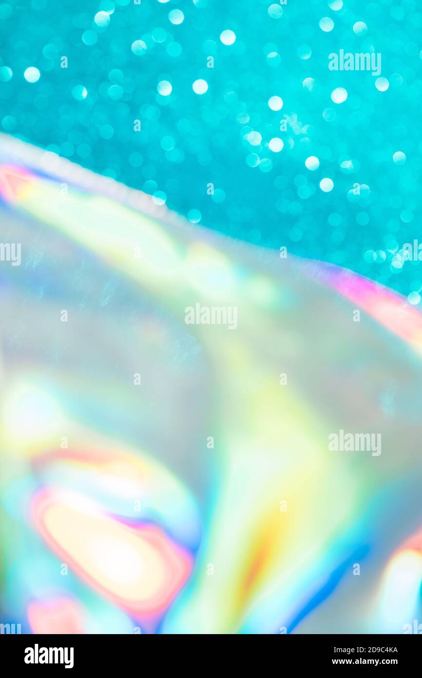 Abstrait mixte holographique bleu ai aqua flou scintillant fond brillant. Film arc-en-ciel au néon liquide style licorne. Style bokeh brillant. Festiv Banque D'Images