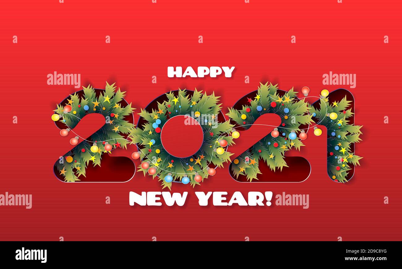Branches de pin d'arbre de Noël à l'intérieur des numéros rouges 2021. Contexte de la nouvelle année. Illustration vectorielle de style art de Noël en papier découpé Illustration de Vecteur