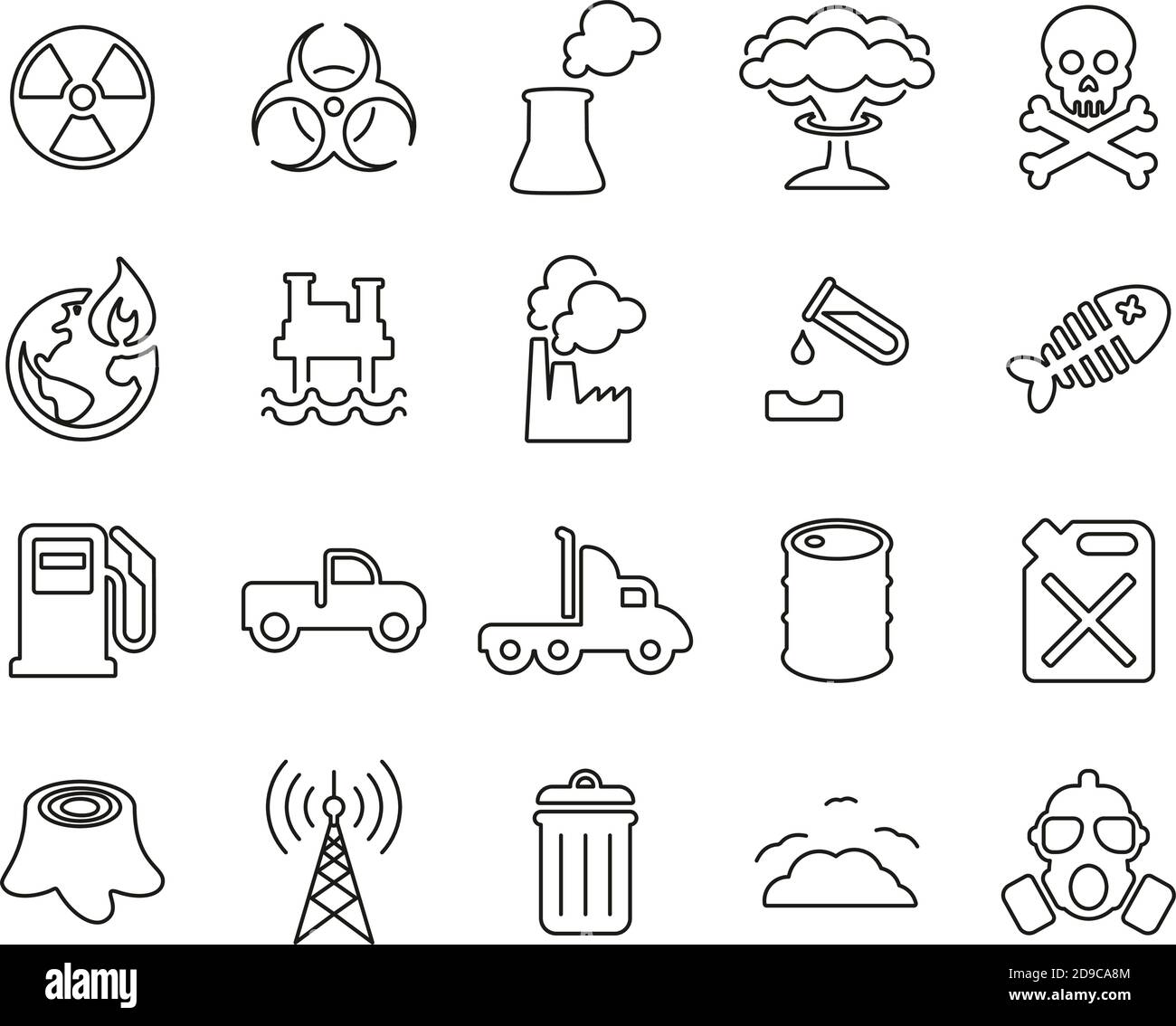 Icônes de pollution ou de contamination jeu de lignes fines noir et blanc Grande Illustration de Vecteur