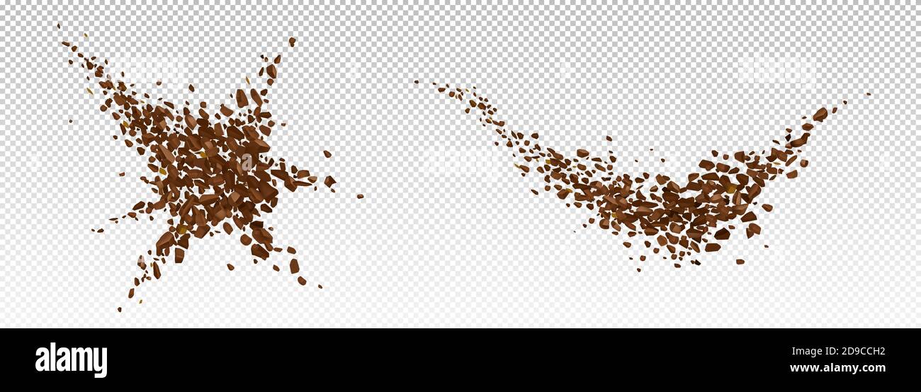 Explosion de café, explosion réaliste de poudre de haricot moulu avec éclaboussures de particules brunes, granules volants, éléments de conception pour boisson ou café isolés sur fond transparent, illustration vectorielle 3d Illustration de Vecteur
