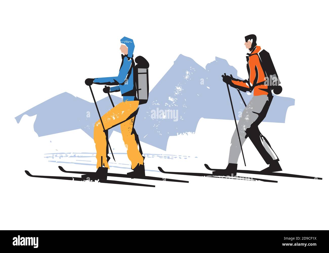 Skieurs de randonnée. Dessin stylisé de deux skieurs alpins. Vecteur disponible. Illustration de Vecteur