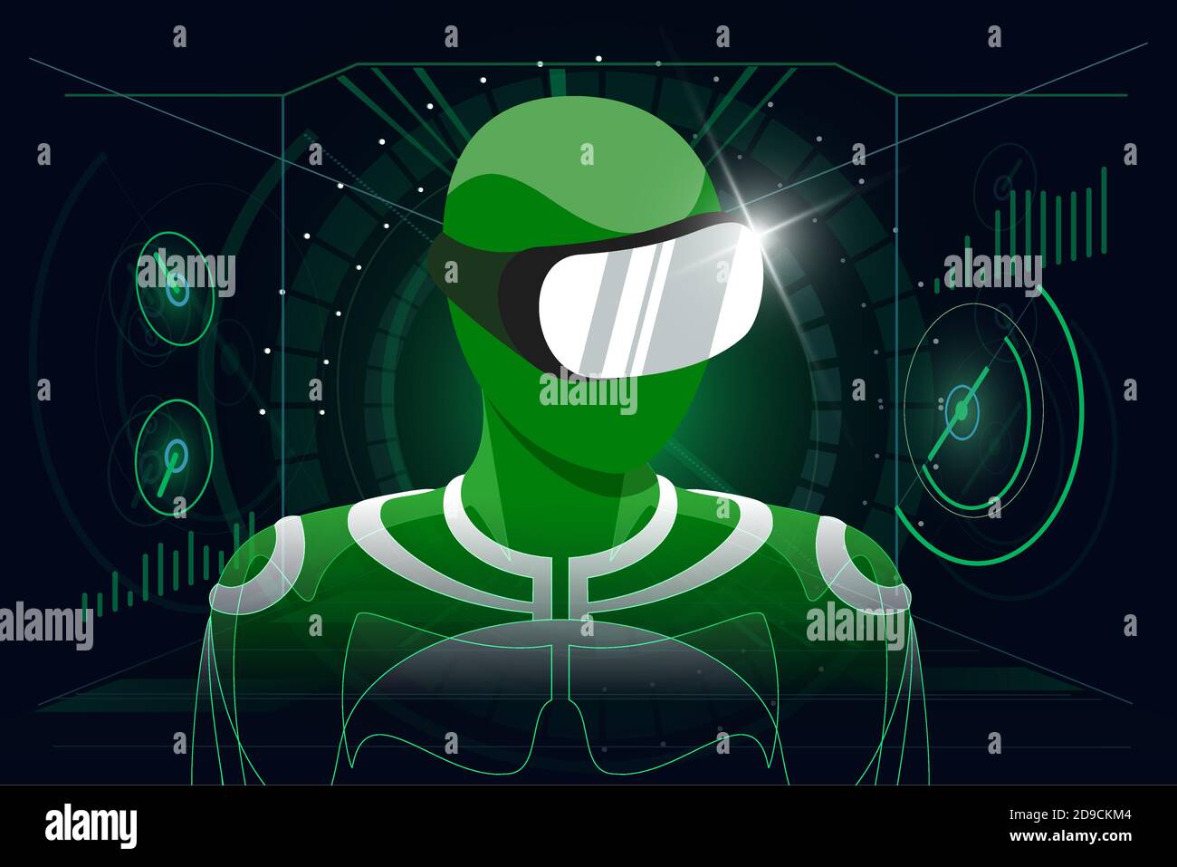 Concept de jeu de réalité virtuelle dans un micro-casque. Utilisateur en costume vert portant des lunettes VR casque sur un arrière-plan numérique abstrait style HUD. Illustration du vecteur eps futuriste Illustration de Vecteur