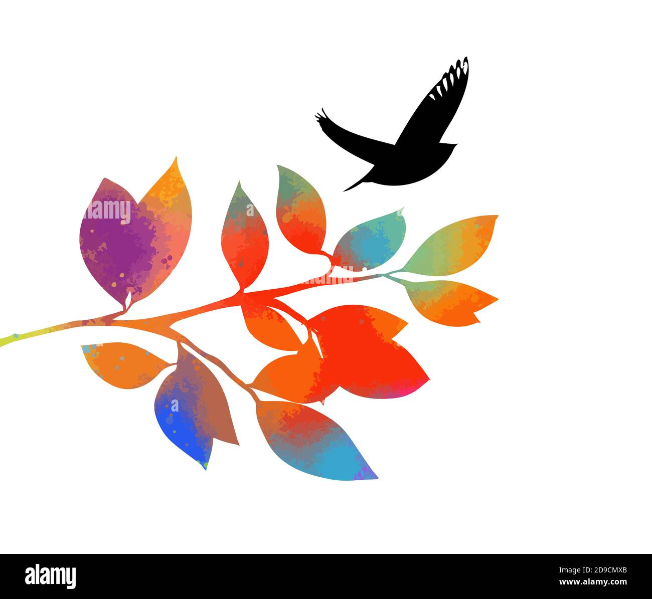 Une branche multicolore avec des oiseaux volants. Supports mixtes. Illustration vectorielle Illustration de Vecteur