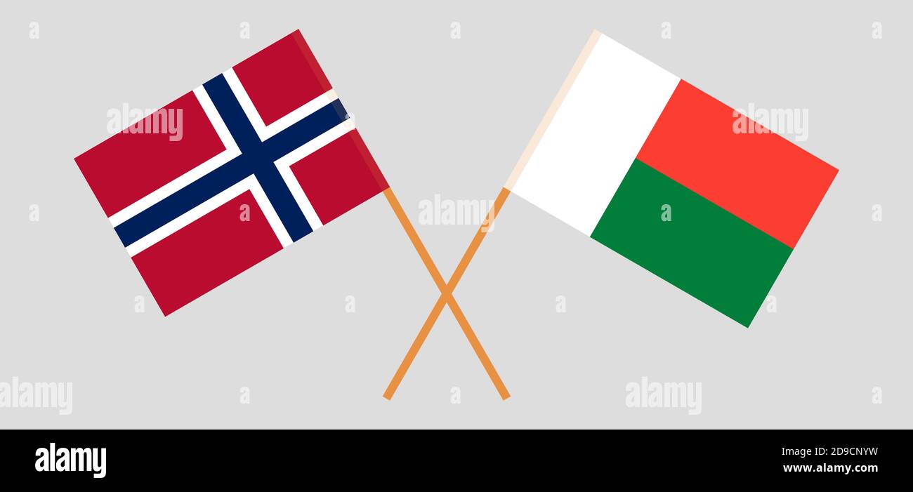 Drapeaux croisés de Madagascar et de Norvège. Couleurs officielles. Proportion correcte. Illustration vectorielle Illustration de Vecteur