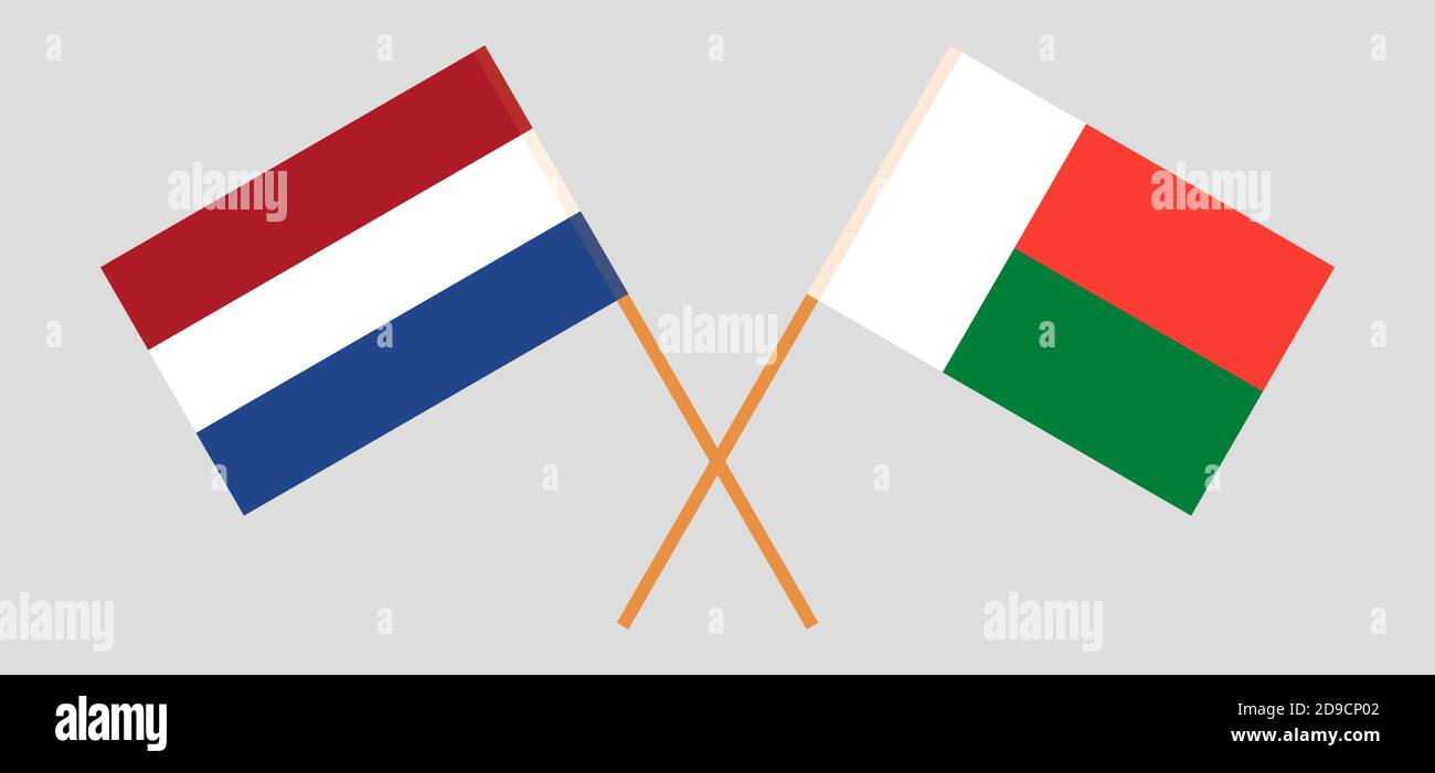 Drapeaux croisés de Madagascar et des pays-Bas. Couleurs officielles. Proportion correcte. Illustration vectorielle Illustration de Vecteur