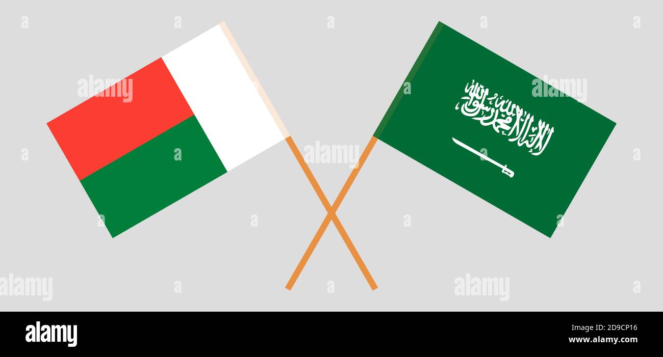 Drapeaux croisés de Madagascar et du Royaume d'Arabie Saoudite. Couleurs officielles. Proportion correcte. Illustration vectorielle Illustration de Vecteur