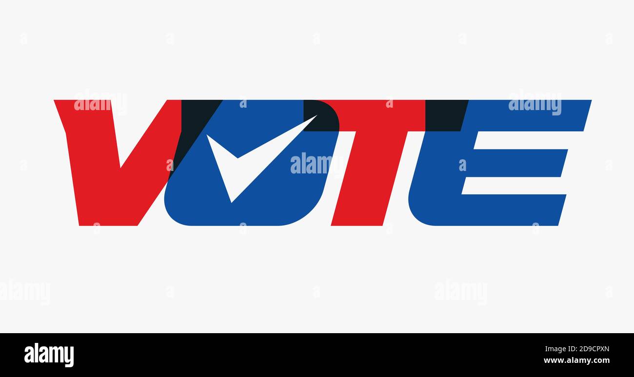 Votez les majuscules en gras, les couleurs rouge et bleu, la coche à l'intérieur de la lettre O, concept, illustration vectorielle. Emblème de vote aux États-Unis Illustration de Vecteur