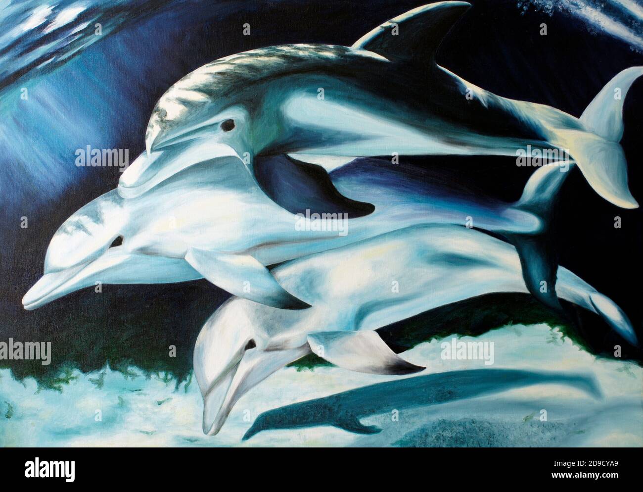 Peinture de trois dauphins à l'huile sous-marine sur toile Banque D'Images