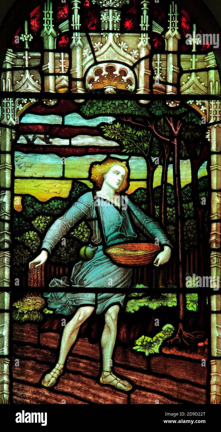 The Sower, Arts and Crafts, vitrail, Titchwell, Norfolk, 1889, par Frampton, Windows, Angleterre, Royaume-Uni, anglais Banque D'Images