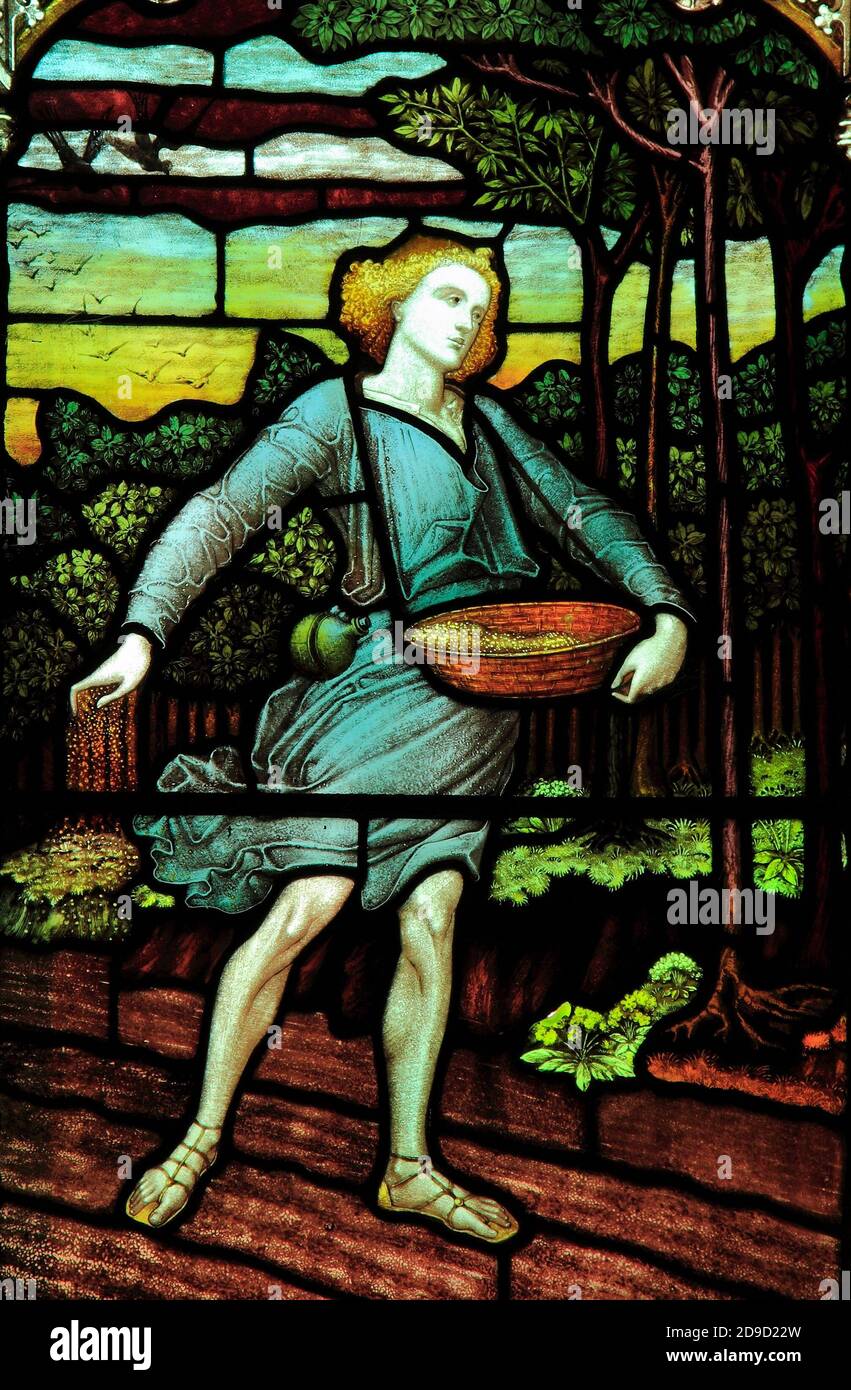 The Sower, Arts and Crafts, vitrail, Titchwell, Norfolk, 1889, par Frampton, Windows, Angleterre, Royaume-Uni, anglais Banque D'Images