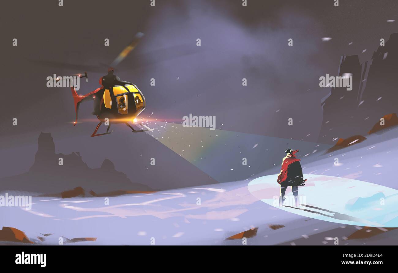 Illustration numérique peinture style design équipe de sauvetage utilisé hélicoptère a rencontré un homme dans le blizzard contre la nuit froide. Banque D'Images