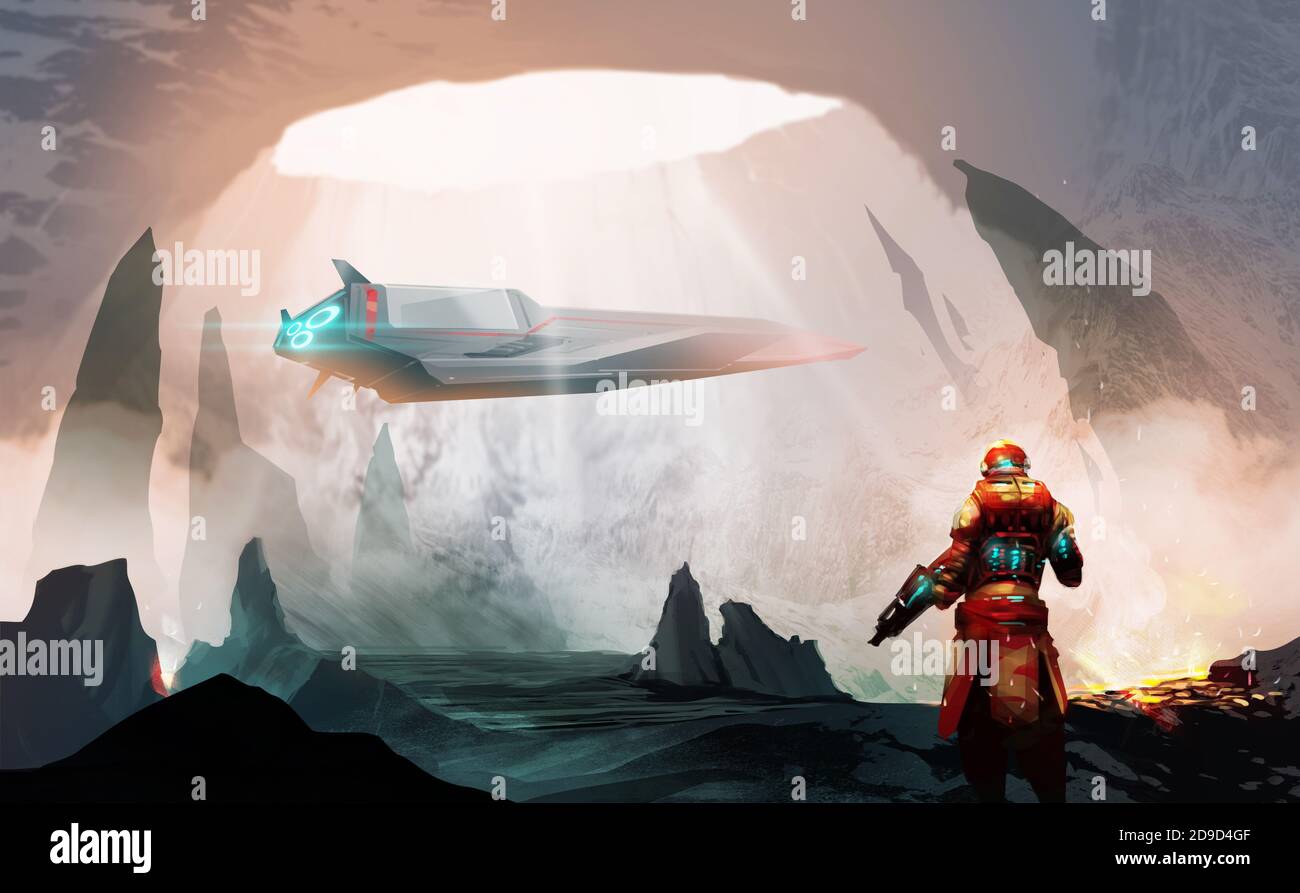 Illustration numérique peinture style design un soldat futuriste debout dans la grotte et regardant le vaisseau spatial, contre la lave et le magma dans la grotte. Banque D'Images